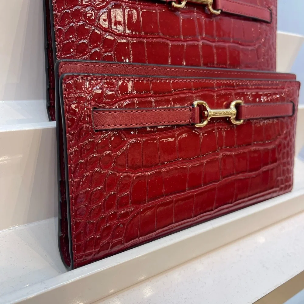 MICHAEL KORS Carson Large Snap Crocodile Embossed Bifold Wallet Cherry  NWT